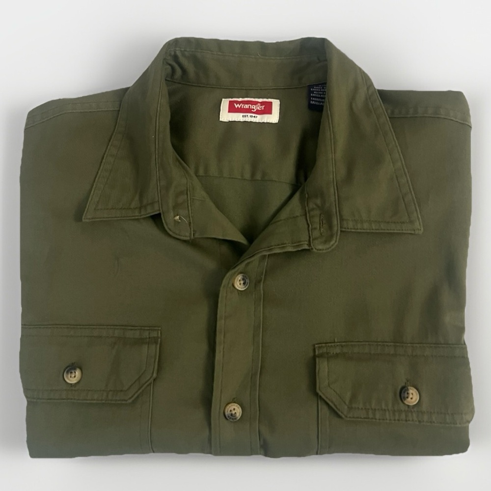 Wrangler‎ Button Down Shirt Mens L Olive Green Short Sleeve Casual - Picture 3 of 10